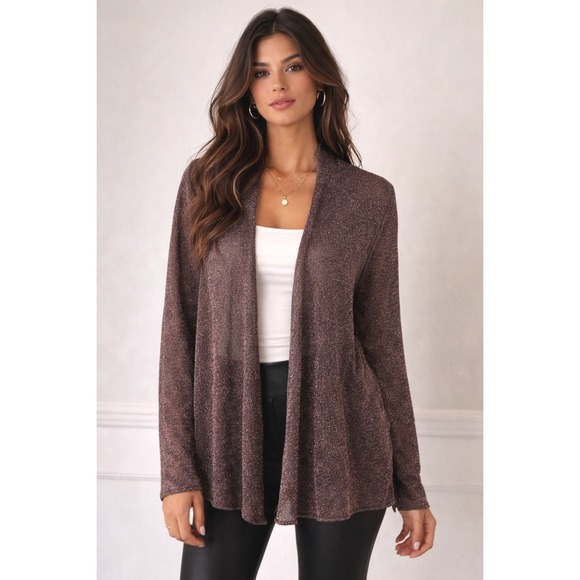 Eileen Fisher Sweaters - Eileen Fisher Brown Metallic Open Knit Cardigan XL Lagenlook Wedding Formal‎